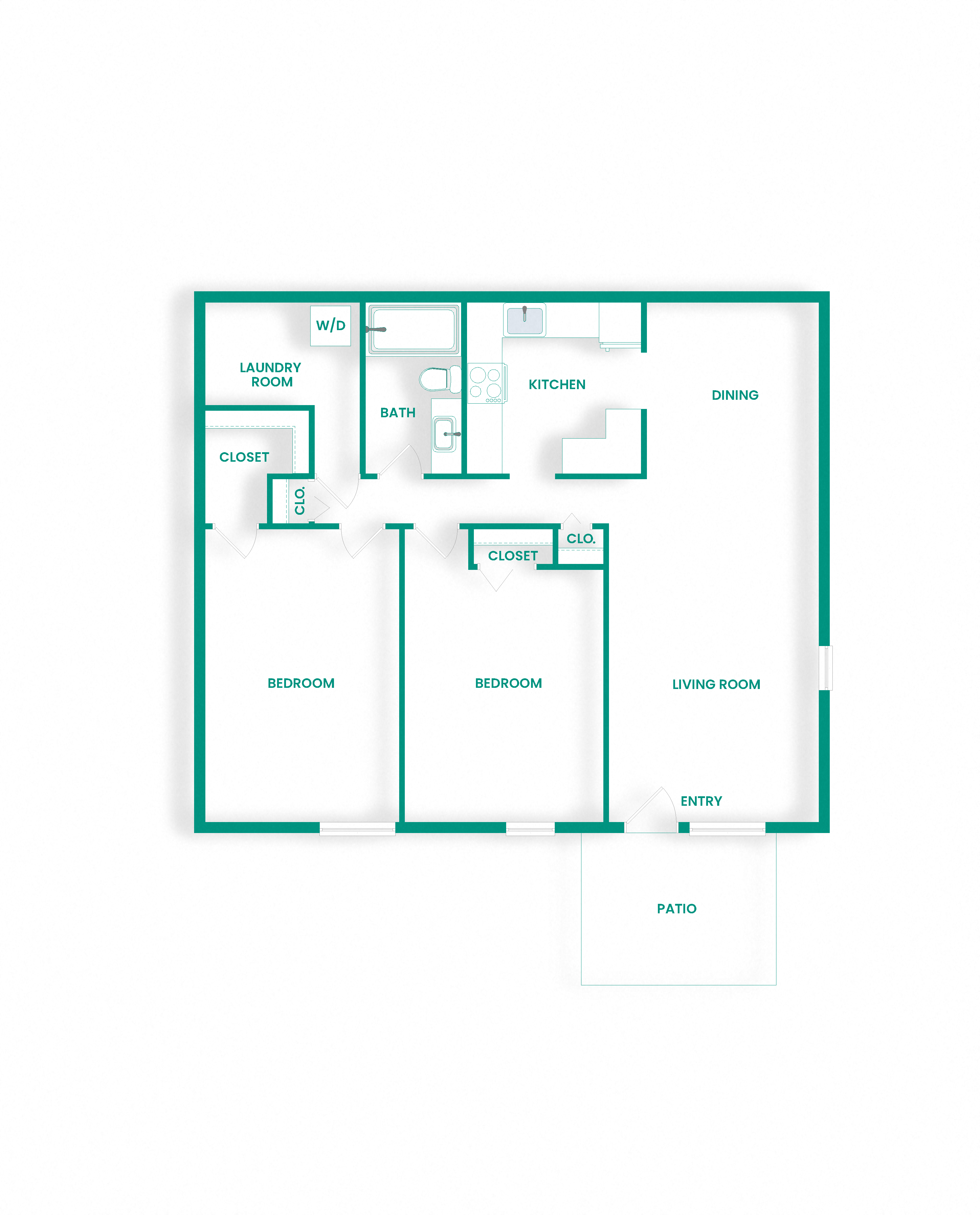 Floor plan for 2 beds, 1 bath, 1216 sqft